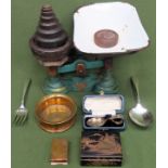 Sundries Inc. weighing scales and weights, metal Oriental box, brass items, spoon, etc