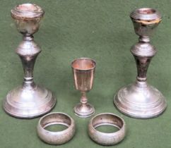 Small hallmarked silver Jewish Kiddush cup, plus other silver Inc. napkin rings, candlesticks, etc