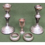 Small hallmarked silver Jewish Kiddush cup, plus other silver Inc. napkin rings, candlesticks, etc