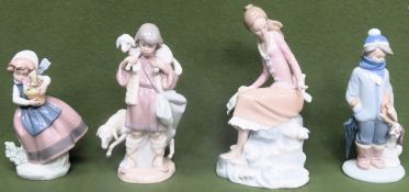 Four various Lladro glazed ceramic figures. Largest Approx. 23.5cms H