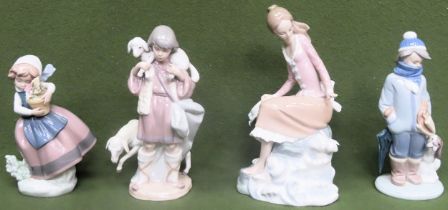 Four various Lladro glazed ceramic figures. Largest Approx. 23.5cms H