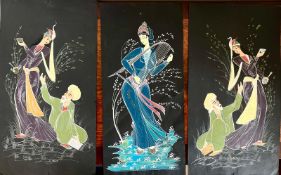 THREE PERSIAN GOUACHE PICTURES ON BLACK PAPER, TWO APPROX 50 x 27cm AND ONE APPROX 50 x 24cm