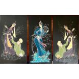 THREE PERSIAN GOUACHE PICTURES ON BLACK PAPER, TWO APPROX 50 x 27cm AND ONE APPROX 50 x 24cm