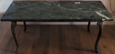 20th century marble topped gilt coffee table. Approx. 42cm H x 106cm W x 46cm D