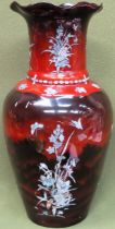 Large vintage Japanese lacquered vase, decorated with mother of pearl inlaid floral arrangements