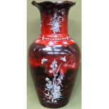 Large vintage Japanese lacquered vase, decorated with mother of pearl inlaid floral arrangements