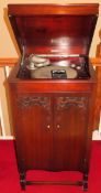 Early 20th century mahogany gramaphone in cabinet with Garrard turntable, plus various Vinyls