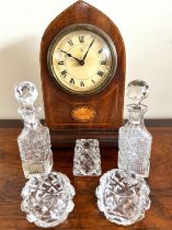 GOTHIC FORM INLAID MANTLE CLOCK, PLUS FIVE PIECED OF CUT GLASS WARE