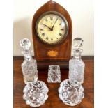 GOTHIC FORM INLAID MANTLE CLOCK, PLUS FIVE PIECED OF CUT GLASS WARE