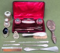 Quantity of silver objects Inc. dressing brush, hand mirror, open salt with liner, various bottles