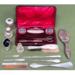 Quantity of silver objects Inc. dressing brush, hand mirror, open salt with liner, various bottles