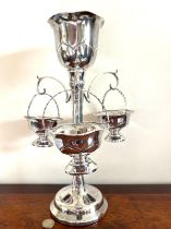 SILVER THREE BASKET EPERGNE, BIRMINGHAM, 1911, APPROX 38cm HIGH, WEIGHTED BASE, THREE BASKET