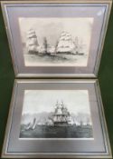 Pair of colour etchings/engraving HMS Neptune & Baltic Fleet, one signed by James Watt. Approx. 25 x