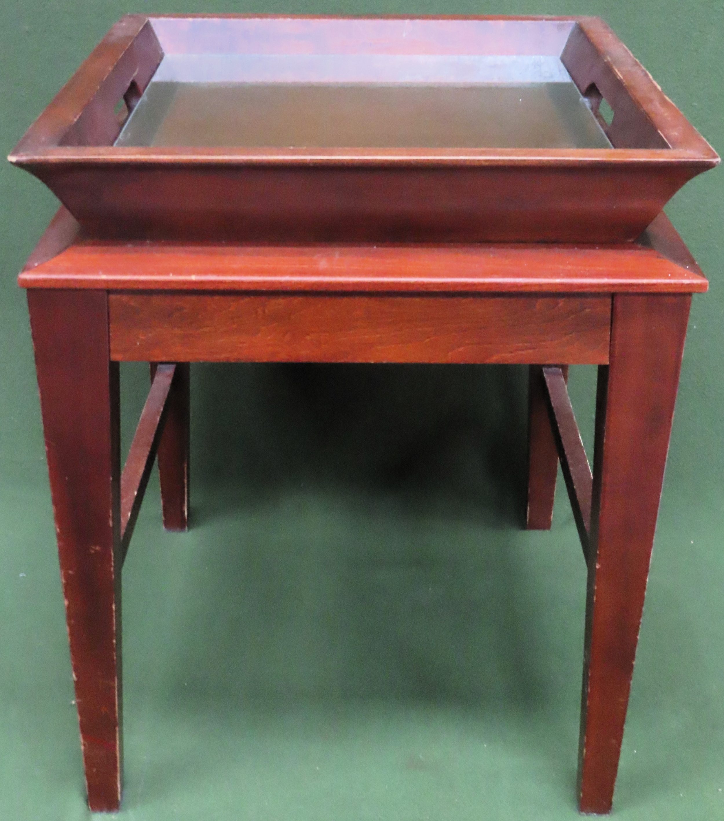 20th century mahogany two handled tray on stand with glazed panel. Approx. 57 x 48 x 48cms