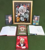 Various sporting related items including Liverpool FC Mirror, Boxing legends clock, various books