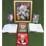 Various sporting related items including Liverpool FC Mirror, Boxing legends clock, various books