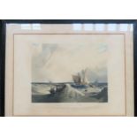 Framed colour etching/engraving - fishing boats in a breeze. Approx. 26 x 36cm Reasonable used