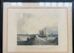 Framed colour etching/engraving - fishing boats in a breeze. Approx. 26 x 36cm Reasonable used