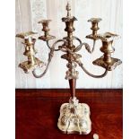 SILVER FOUR SCROLL CANDELABRUM, TOP OF FINIAL APPROX 55.5cm HIGH, WEIGHTS APPROX 2.1kg TOP, 1200g