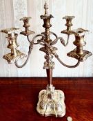 SILVER FOUR SCROLL CANDELABRUM, TOP OF FINIAL APPROX 55.5cm HIGH, WEIGHTS APPROX 2.1kg TOP, 1200g