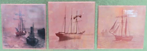 Three vintage copper printing plates, with images depicting sailing boats on the Mersey river.