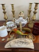 ACCUMULATION OF COLLECTORS ITEMS INCLUDING TWO PAIRS OF BRASS CANDLESTICKS, FACSIMILE SCRIMSHAW