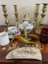 ACCUMULATION OF COLLECTORS ITEMS INCLUDING TWO PAIRS OF BRASS CANDLESTICKS, FACSIMILE SCRIMSHAW