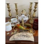 ACCUMULATION OF COLLECTORS ITEMS INCLUDING TWO PAIRS OF BRASS CANDLESTICKS, FACSIMILE SCRIMSHAW