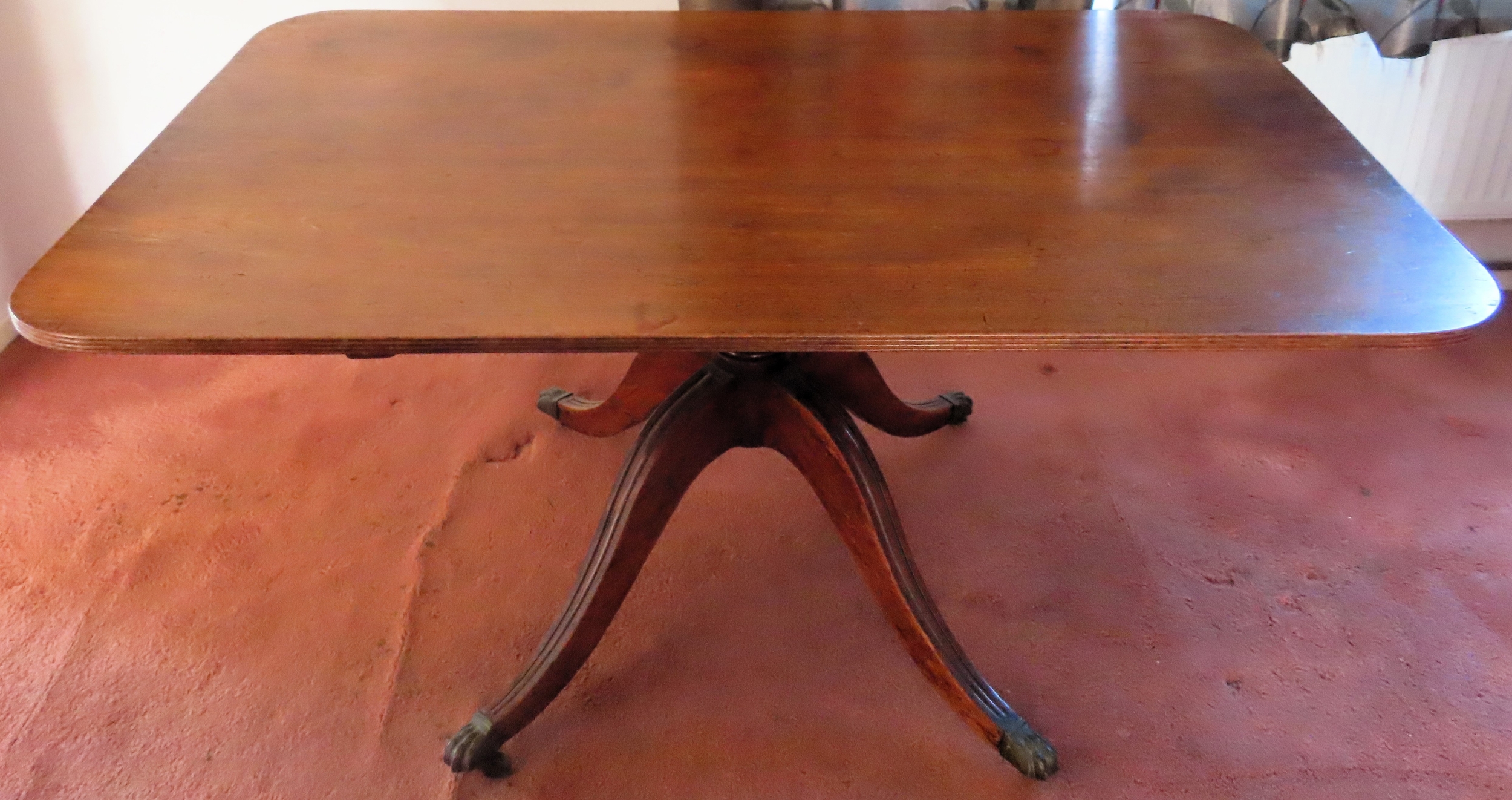 19th century mahogany breakfast table. Approx. 72cm H x 150cm W x 93cm D Used condition, scuffs