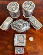 FIVE GLASS PIN JARS WITH SILVER COVERS, SILVER COLOURED ASHTRAY PLUS MATCHBOX COVER