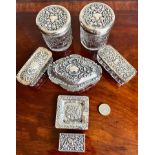 FIVE GLASS PIN JARS WITH SILVER COVERS, SILVER COLOURED ASHTRAY PLUS MATCHBOX COVER