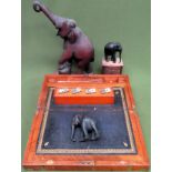 Sundry lot Inc. writing slope/ carved elephants, cased dominoes set, small chest, etc all used and