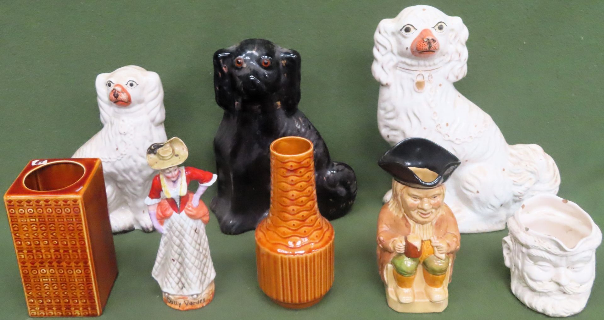 Suundry ceramics Inc. Staffordshire Spaniels, figures, vases, plus toby and character jug all used