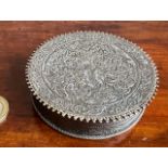 INDIAN SILVER COLOURED CIRCULAR BOX, DIAMETER APPROX 8cm