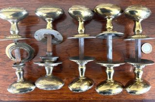 FIVE PAIRS OF UNUSED ORNATE SOLID BRASS DOOR KNOBS, OLD SHOP STOCK, CIRCA 1950s, PLUS OLD SCREWS