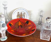 LARGE POOLE RED GLAZE BOWL, PRINCE OF WALES AND DIANA PLAQUE, THREE GLASS DECANTERS AND TWO CERAMIC