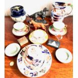 ACCUMULATION OF CERAMIC ITEMS, MASONS TEACUP , SAUCER, WEDGWOOD, ETC.