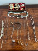 SILVER BRACELET AND QUANTITY OF COSTUME JEWELLERY, PLUS WOODEN CASKET