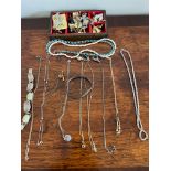 SILVER BRACELET AND QUANTITY OF COSTUME JEWELLERY, PLUS WOODEN CASKET