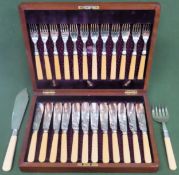 Mahogany cased canteen of bone handled fish knives and forks, plus pair of servers Used condition