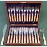 Mahogany cased canteen of bone handled fish knives and forks, plus pair of servers Used condition