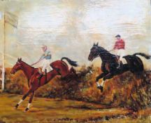 Unframed 1970's style large oil on panel depicitng racehorses with riders jumping a fence. Approx.