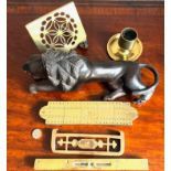 SIX BRASS ITEMS PLUS CARVED WOODEN LION
