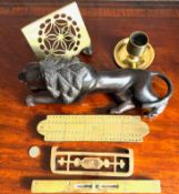 SIX BRASS ITEMS PLUS CARVED WOODEN LION