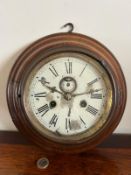 MAHOGANY FRAMED WALL CLOCK, DIAL APPROX 13cm UNTESTED, PROBABLY FOR RESTORATION