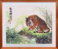 Framed Oriental polychrome print depicting a Tiger. Approx. 41 x 49cm Reasonable used condition