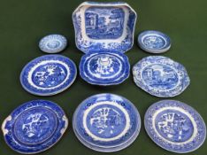 Sundry lot of blue and white ceramics - mostly Willow pattern, various makers used and unchecked but