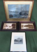 19th century monochrome etching, pencil signed, plus three various prints all reasonable used