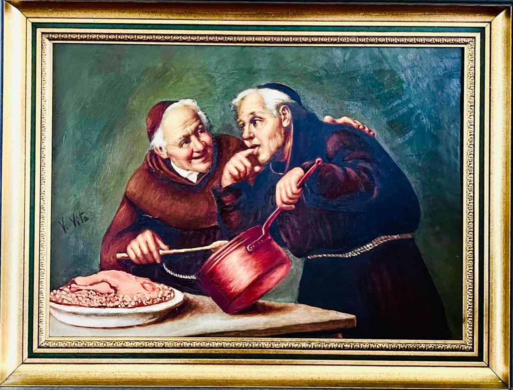 EB SKINNER, 1914, OIL ON CANVAS, "TASTES GOOD", GILDED FRAME, APPROX 36 x 50cm