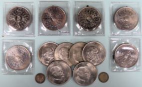 Two small silver three pence pieces, various Churchill crowns, plus other commemorative crowns all